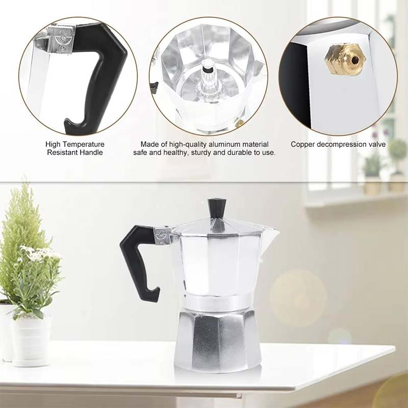 Classic Italian Moka Pot Espresso Coffee Maker – High Quality Aluminum with Pressure Valve for Stovetop and Induction Use