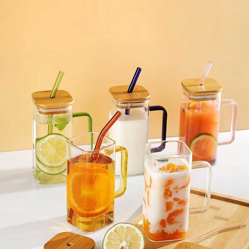 Clear Square Glass Cup with Lid, Straw & Handle – Iced Coffee, Tea, and Water Tumbler