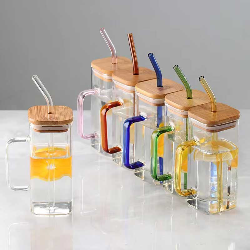 Clear Square Glass Cup with Lid, Straw & Handle – Iced Coffee, Tea, and Water Tumbler