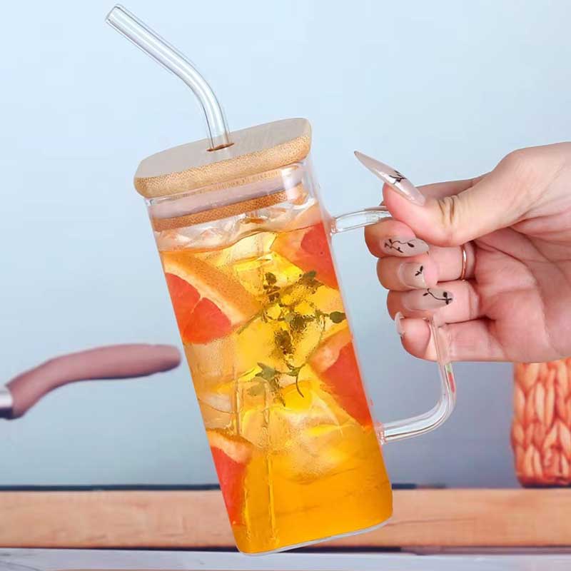 Clear Square Glass Cup with Lid, Straw & Handle – Iced Coffee, Tea, and Water Tumbler