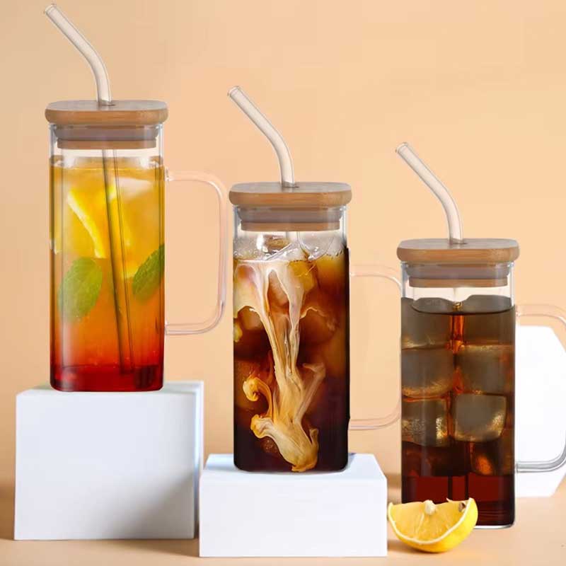 Clear Square Glass Cup with Lid, Straw & Handle – Iced Coffee, Tea, and Water Tumbler