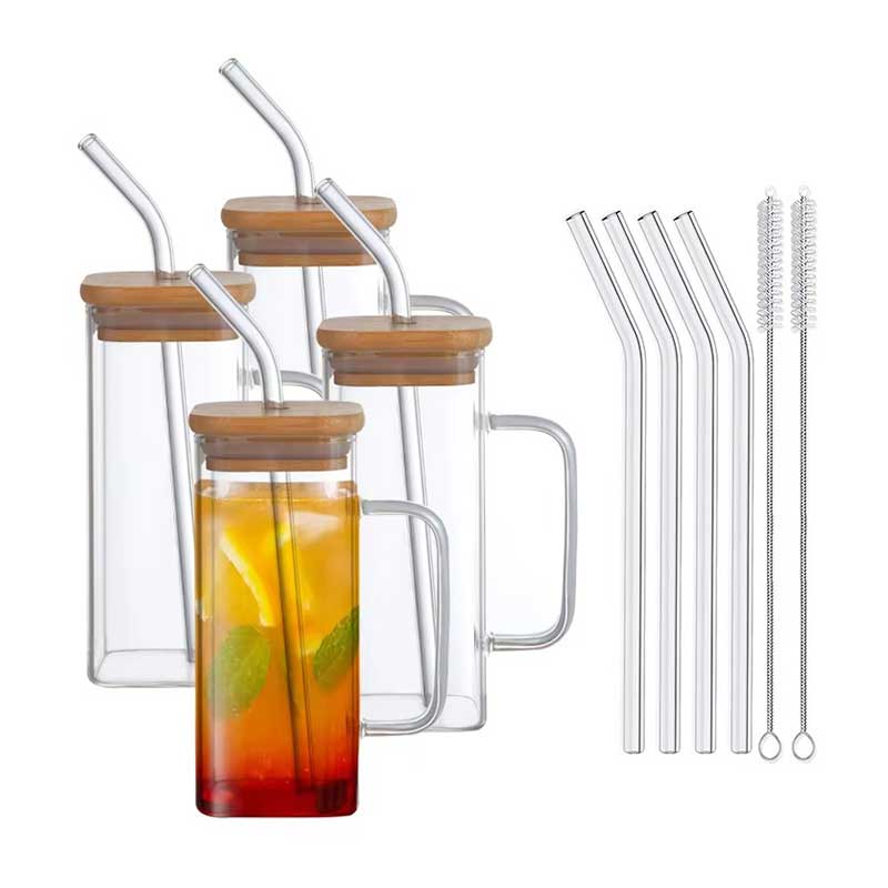 Clear Square Glass Cup with Lid, Straw & Handle – Iced Coffee, Tea, and Water Tumbler