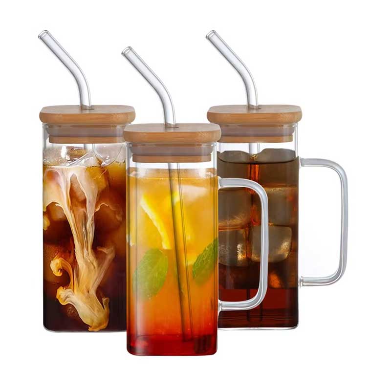 Clear Square Glass Cup with Lid, Straw & Handle – Iced Coffee, Tea, and Water Tumbler
