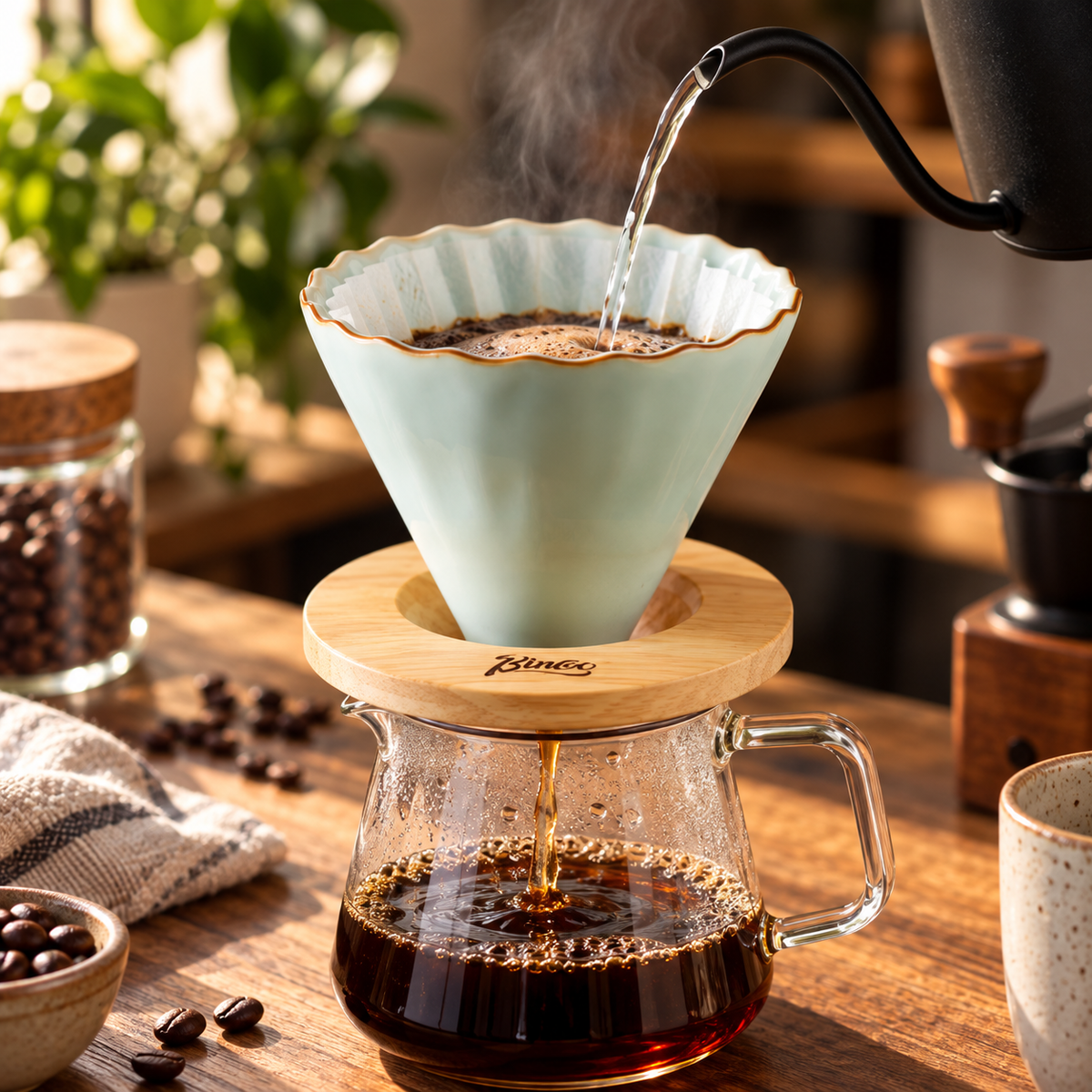 Ceramic V60 Pour Over Dripper with Wooden Stand