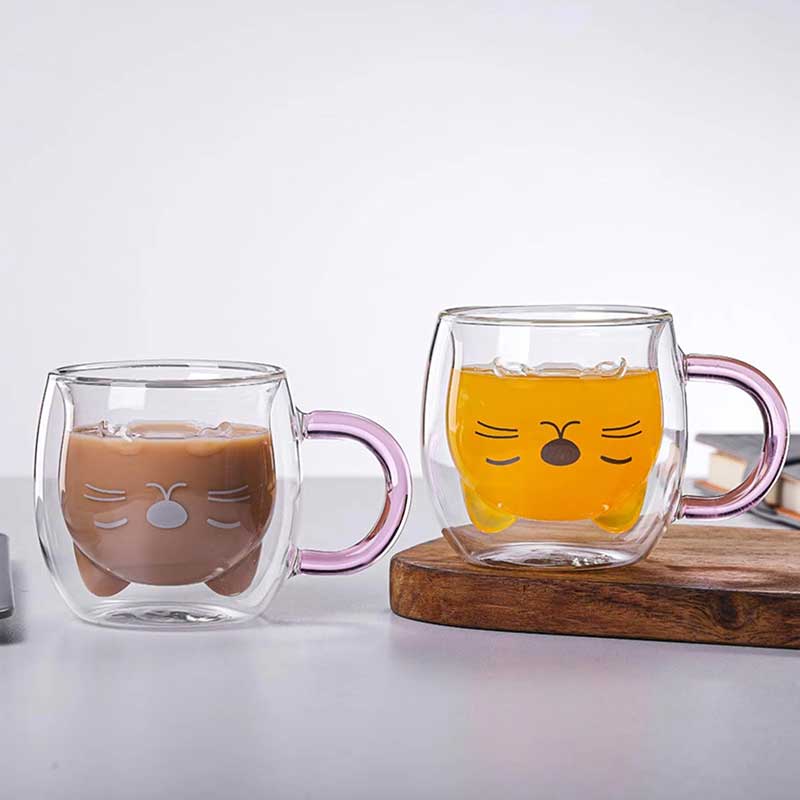 Cute Animal Cat Design Double Wall Glass Cup – High Borosilicate Coffee, Tea, and Water Mug