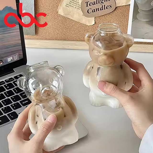 Cute Teddy Bear Shaped Glass Coffee Cup – Cartoon Juice & Milk Tea Mug for Café, Restaurant, and Home Use