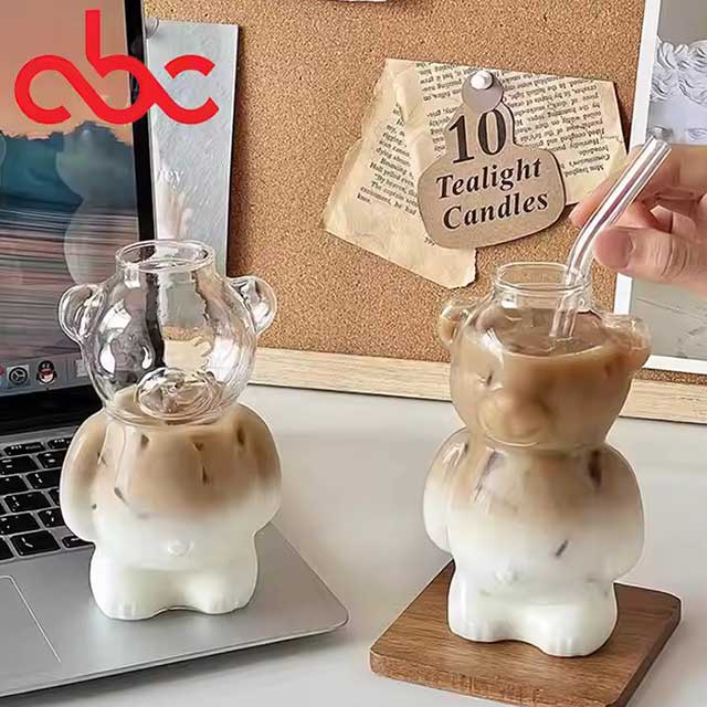 Cute Teddy Bear Shaped Glass Coffee Cup – Cartoon Juice & Milk Tea Mug for Café, Restaurant, and Home Use
