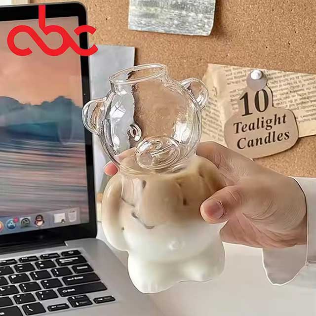 Cute Teddy Bear Shaped Glass Coffee Cup – Cartoon Juice & Milk Tea Mug for Café, Restaurant, and Home Use