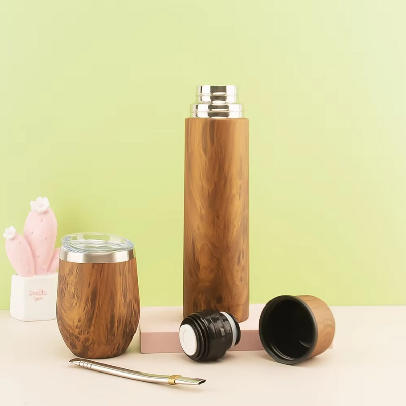 Double Wall Stainless Steel Yerba Mate Gourd Set – Modern Mate Kit with Bombilla Straw & Wood Accents