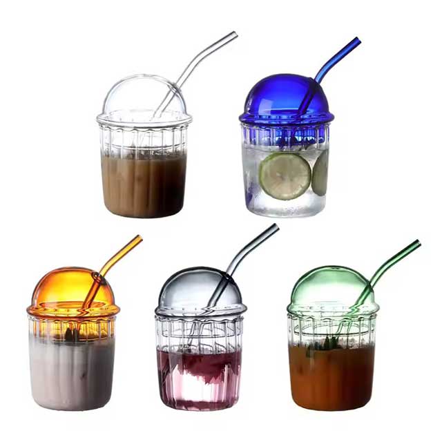 Fashion Color Dome Lid Glass Drinking Bottle – Reusable Coffee, Water, Milk & Juice Cup for Events & Parties