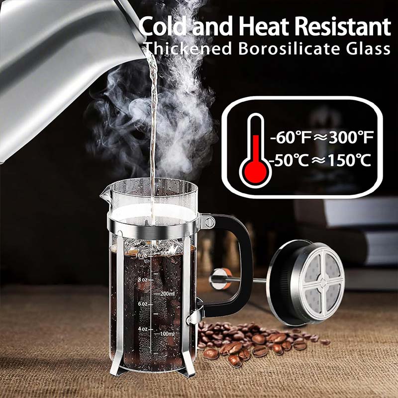French Press Coffee Maker – 304 Stainless Steel Coffee Plunger with 4-Filter System and Heat-Resistant Borosilicate Glass
