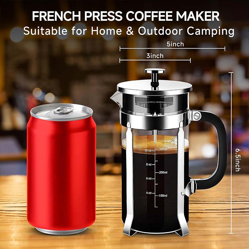 French Press Coffee Maker – 304 Stainless Steel Coffee Plunger with 4-Filter System and Heat-Resistant Borosilicate Glass