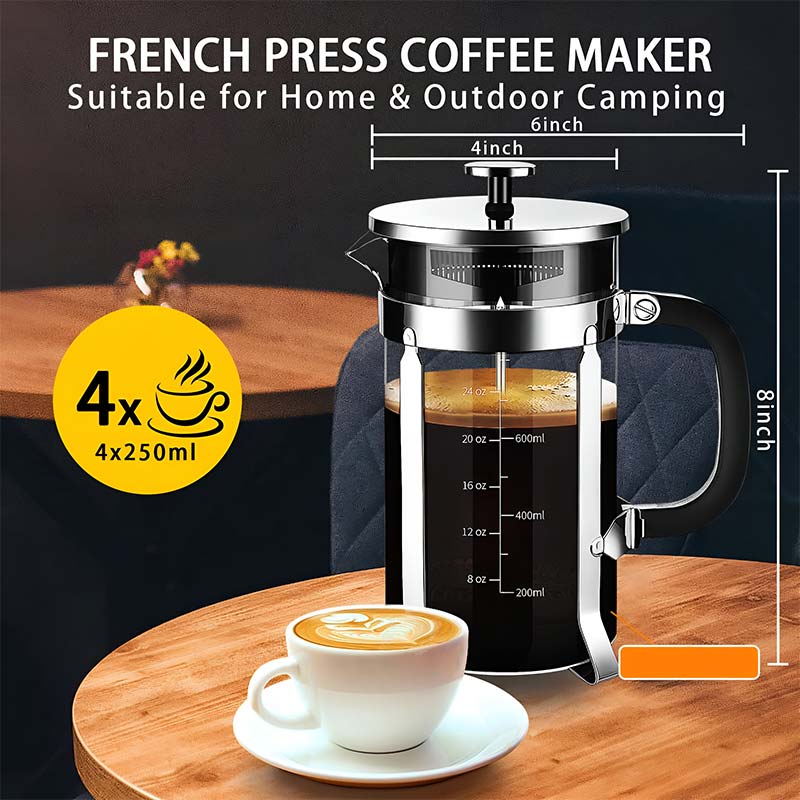French Press Coffee Maker – 304 Stainless Steel Coffee Plunger with 4-Filter System and Heat-Resistant Borosilicate Glass