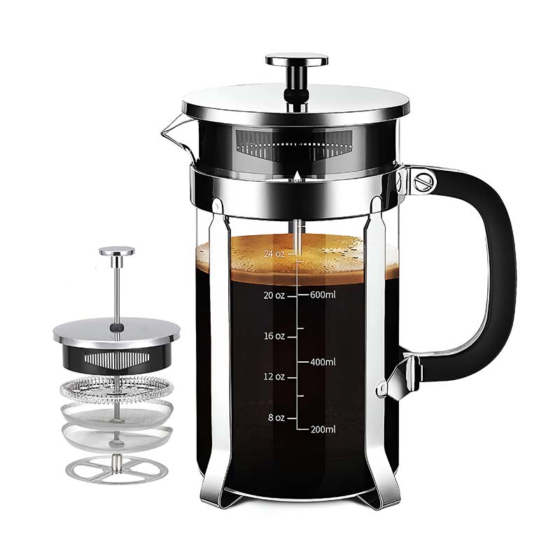 French Press Coffee Maker – 304 Stainless Steel Coffee Plunger with 4-Filter System and Heat-Resistant Borosilicate Glass