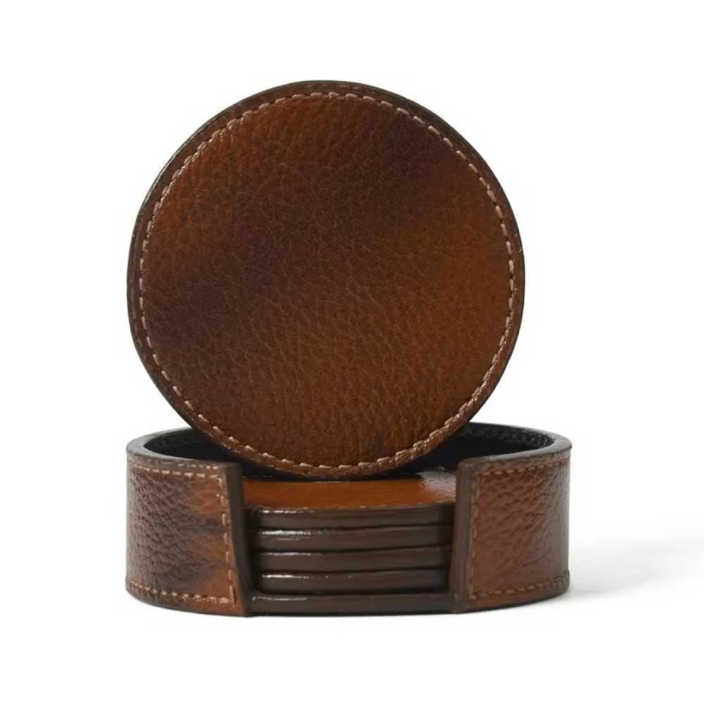 Full Grain Leather Round Coaster Set (5 Pieces)