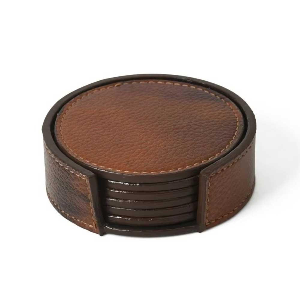 Full Grain Leather Round Coaster Set (5 Pieces)