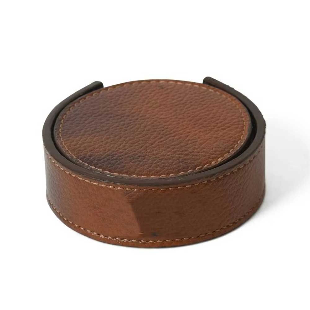 Full Grain Leather Round Coaster Set (5 Pieces)