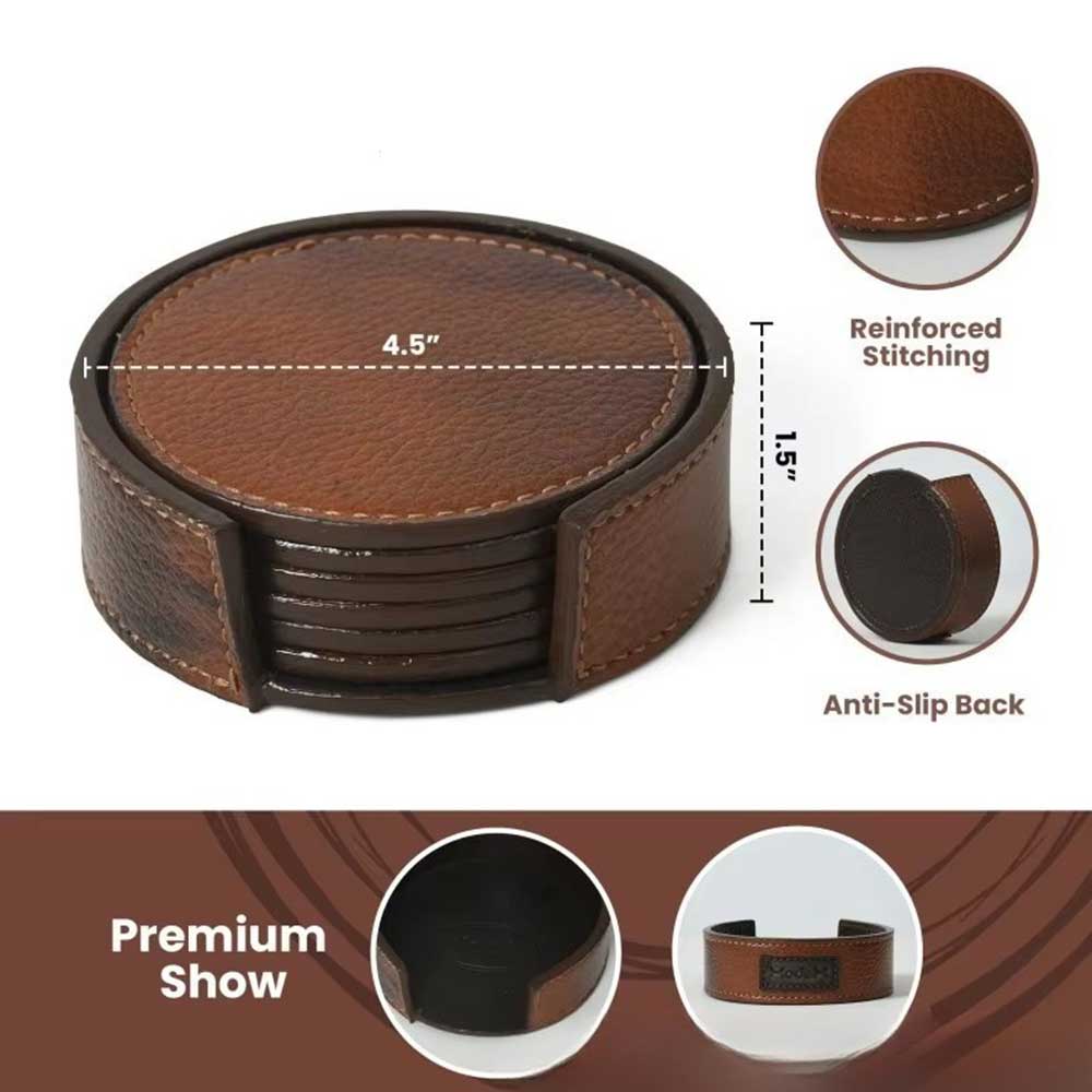 Full Grain Leather Round Coaster Set (5 Pieces)