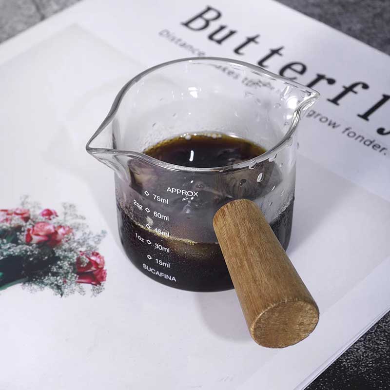 Glass Espresso Measuring Cup with Wood Handle - 75ml