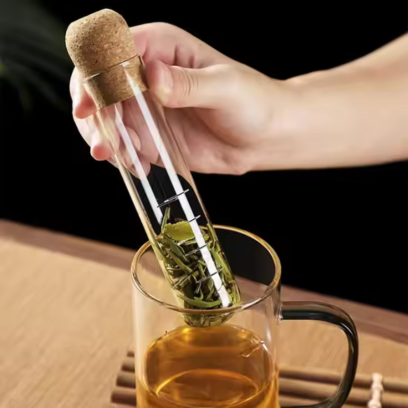Glass Tea Infuser Tube - Reusable Borosilicate Strainer with Cork Top for Loose Leaf & Herbal Tea