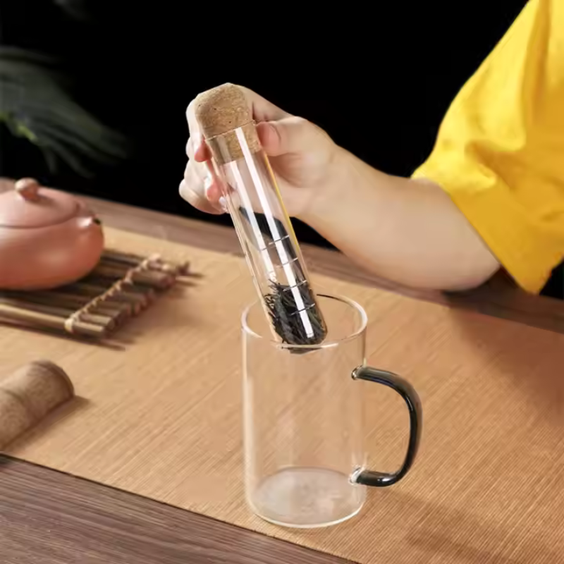 Glass Tea Infuser Tube - Reusable Borosilicate Strainer with Cork Top for Loose Leaf & Herbal Tea
