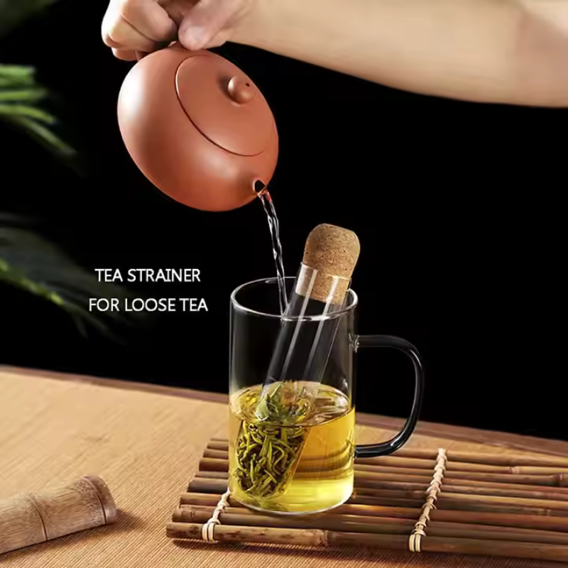 Glass Tea Infuser Tube - Reusable Borosilicate Strainer with Cork Top for Loose Leaf & Herbal Tea