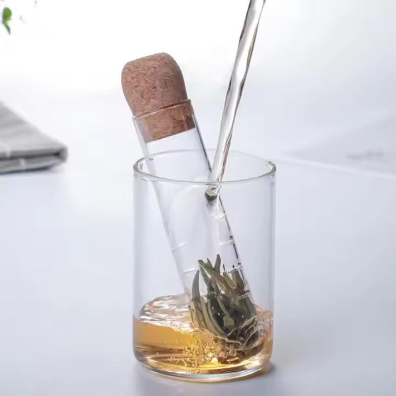 Glass Tea Infuser Tube - Reusable Borosilicate Strainer with Cork Top for Loose Leaf & Herbal Tea