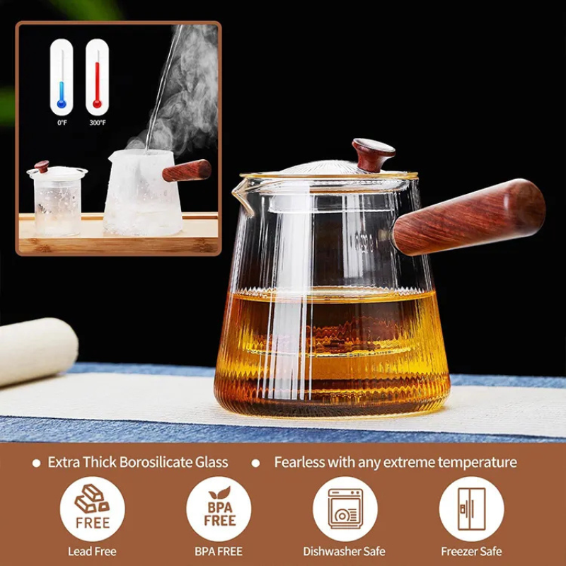 Glass Teapot with Wood Handle - 500ml Borosilicate Tea Infuser for Loose Leaf Tea