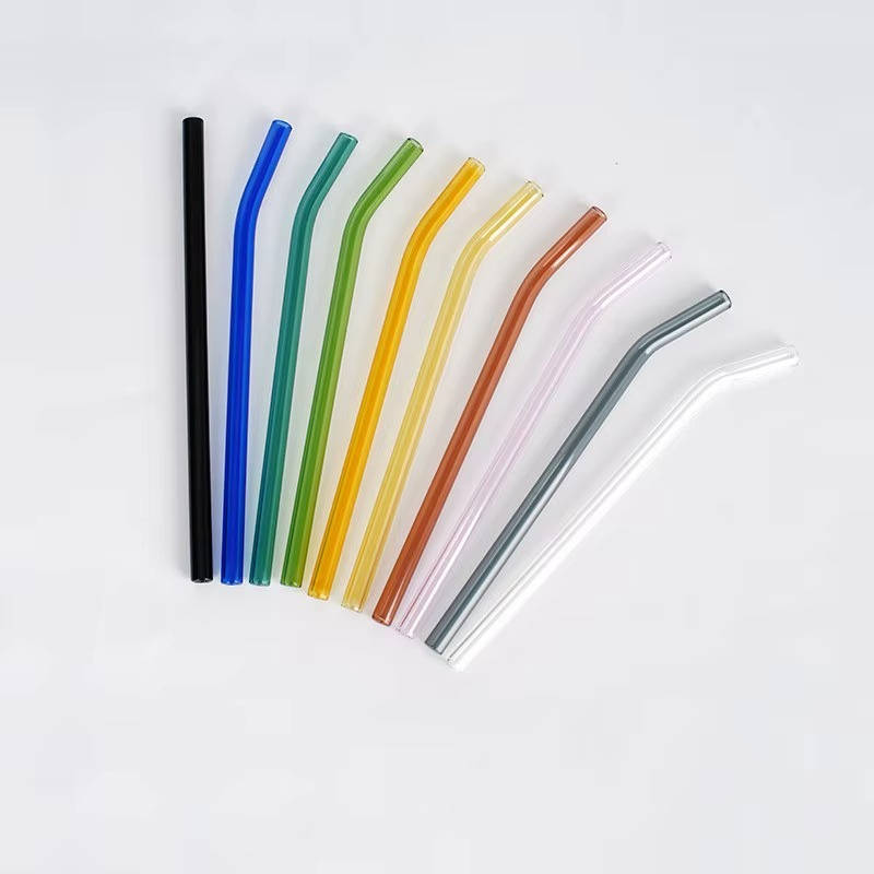 Bent Reusable Borosilicate Glass Straws – Set of 6 (Colorful + 1 Clear)