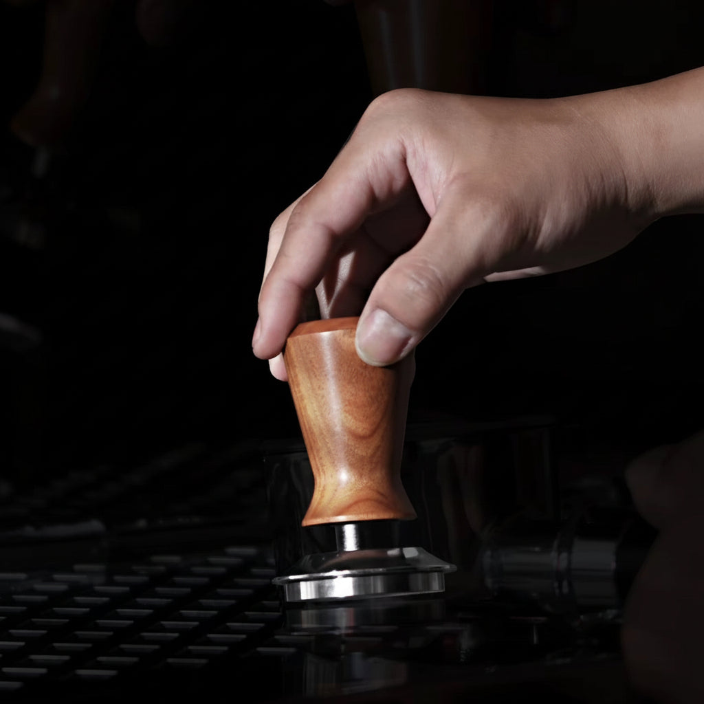 Spring Loaded Flat-based Espresso Tamper with Wooden Handle