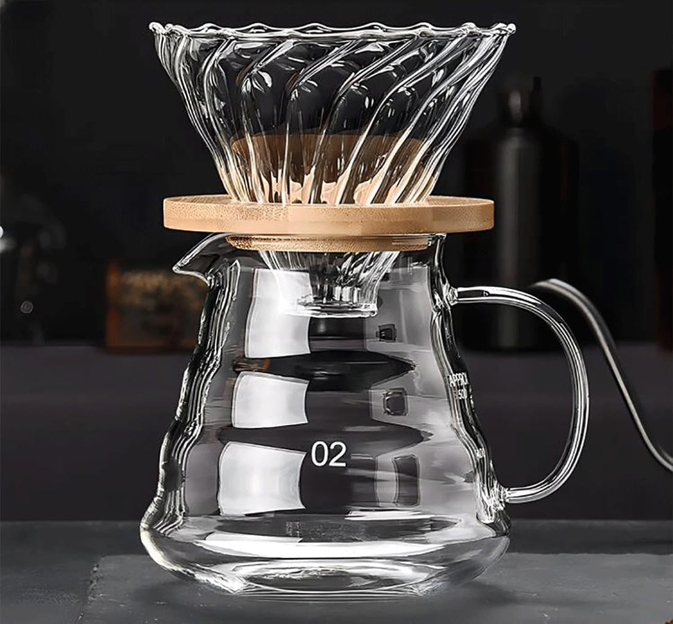 V60 Pour Over Coffee Set Size 02 | Glass Dripper, 600ml Server & Wooden Stand