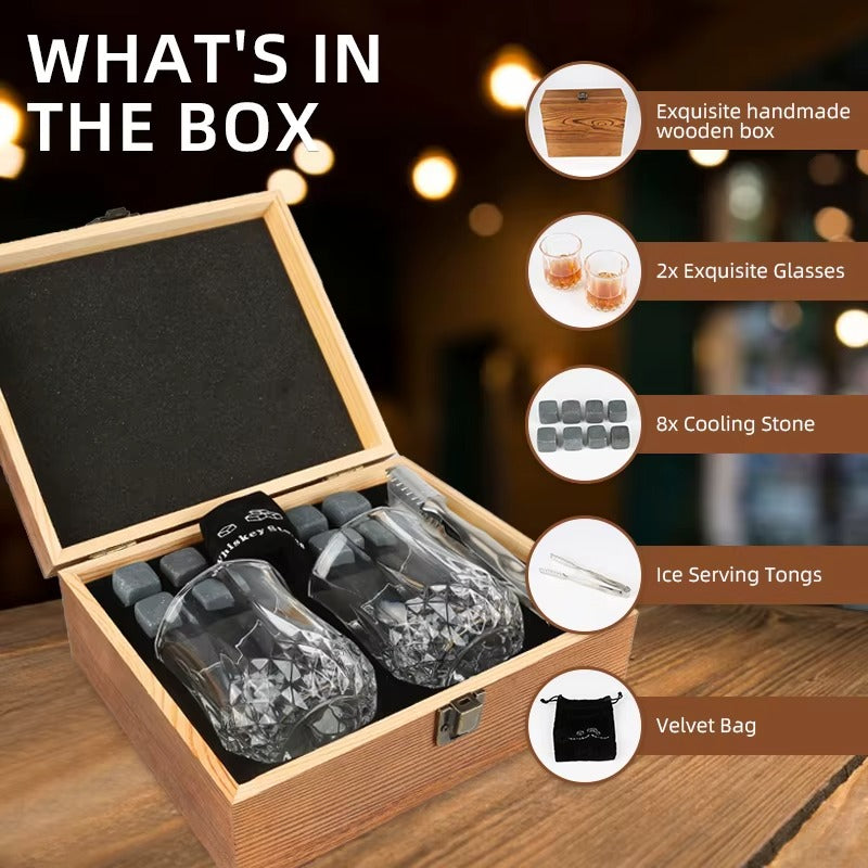 Whiskey Gift Set with Glasses & Stones | Wooden Box