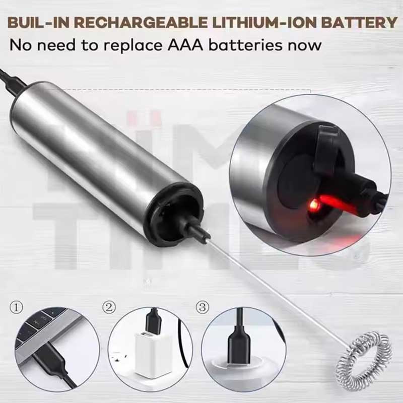High Quality USB Type-C Rechargeable Handheld Milk Frother – Stainless Steel Electric Coffee Whisk