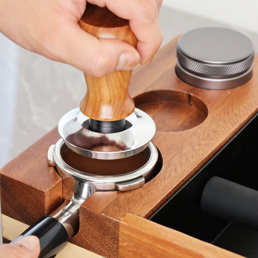 Spring Loaded Flat-based Espresso Tamper with Wooden Handle