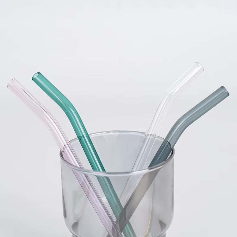 Bent Reusable Borosilicate Glass Straws – Set of 6 (Colorful + 1 Clear)