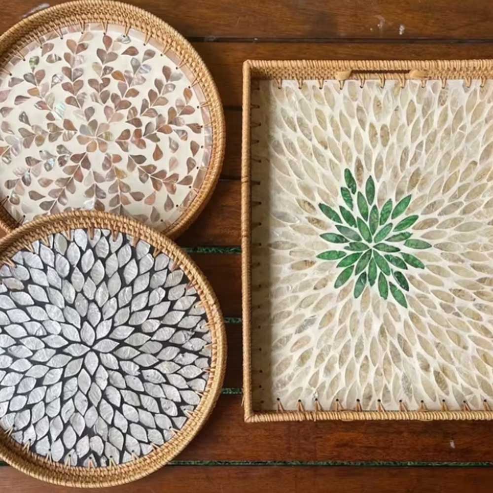 Handmade Rattan Serving Tray with Ceramic Inlay