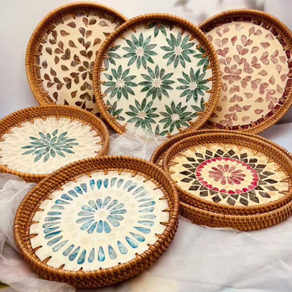 Handmade Rattan Serving Tray with Ceramic Inlay