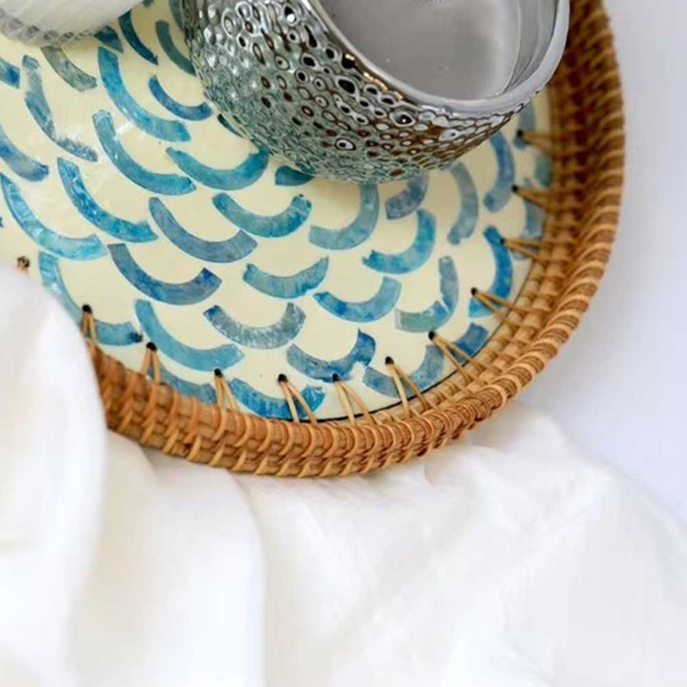 Handmade Rattan Serving Tray with Ceramic Inlay