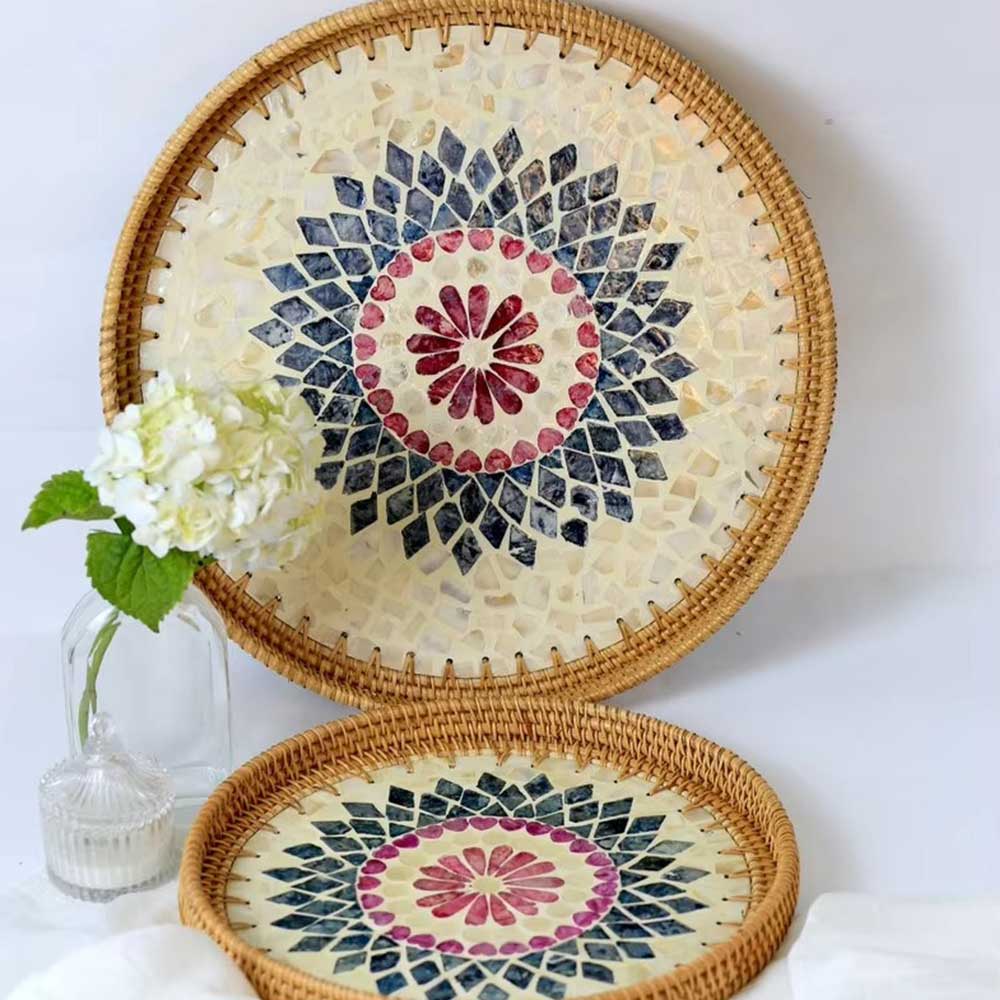 Handmade Rattan Serving Tray with Ceramic Inlay
