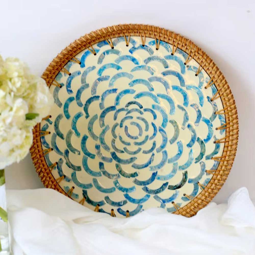 Handmade Rattan Serving Tray with Ceramic Inlay