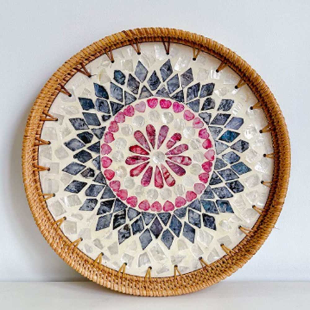 Handmade Rattan Serving Tray with Ceramic Inlay