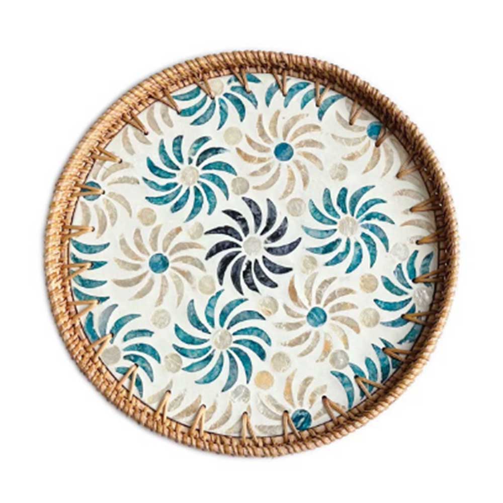 Handmade Rattan Serving Tray with Ceramic Inlay