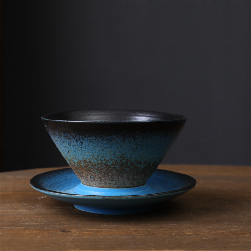 Vintage Kiln Reactive Ceramic Funnel Coffee Latte Cup – Retro Clay Antique Tea Cup with Saucer