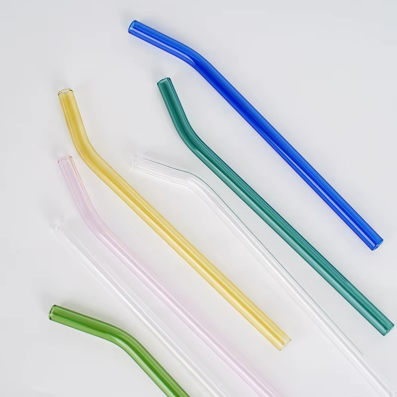 Bent Reusable Borosilicate Glass Straws – Set of 6 (Colorful + 1 Clear)