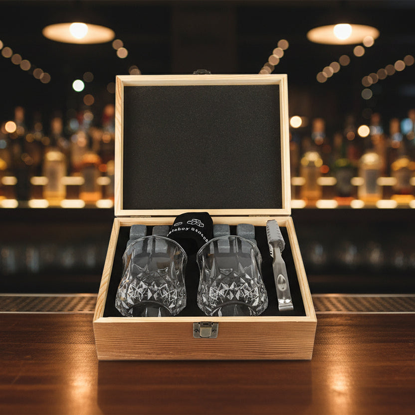 Whiskey Gift Set with Glasses & Stones | Wooden Box