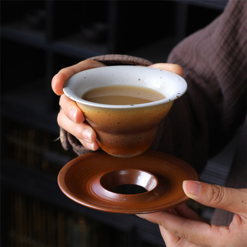 Vintage Kiln Reactive Ceramic Funnel Coffee Latte Cup – Retro Clay Antique Tea Cup with Saucer