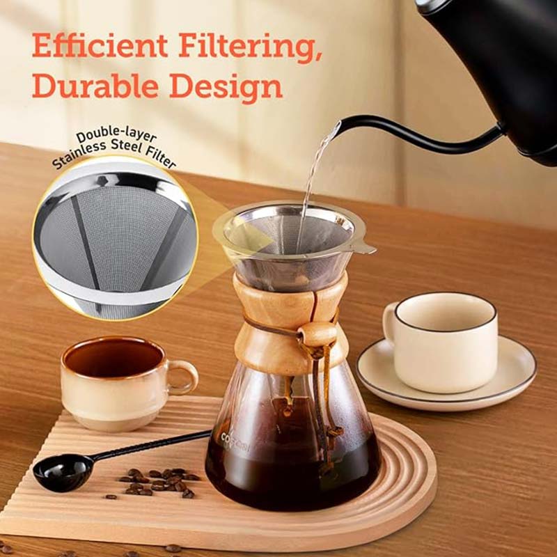 Heat Resistant Glass Drip Coffee Maker – Double Layer Stainless Steel Filter for Smooth Pour Over Brewing