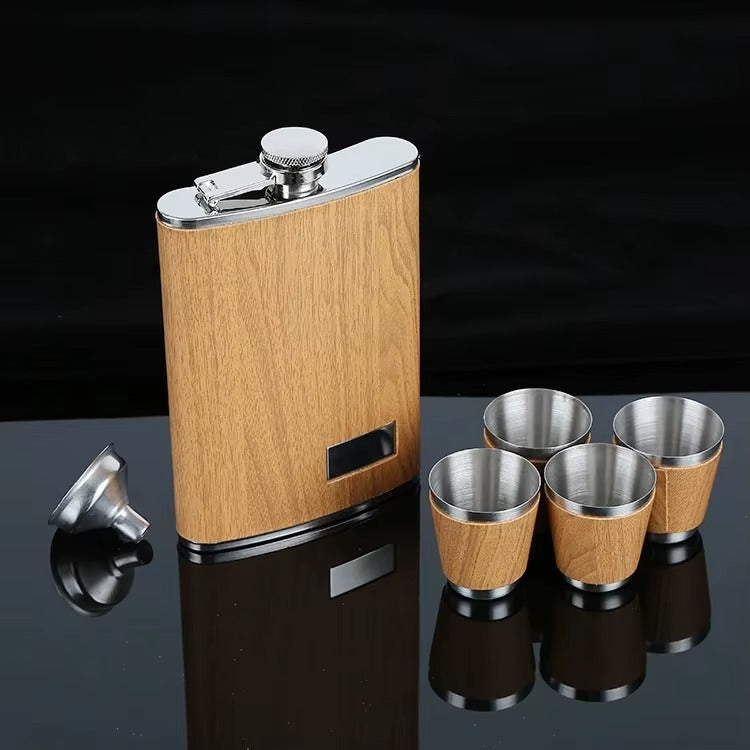 Stainless Steel Flask Set with Wooden Case | 9 oz