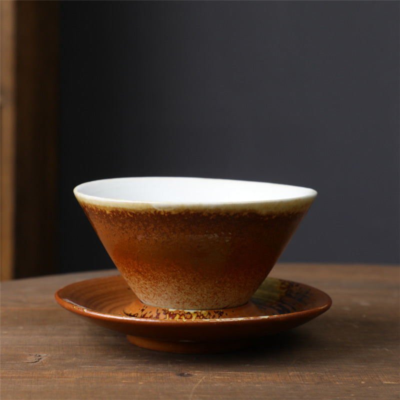 Vintage Kiln Reactive Ceramic Funnel Coffee Latte Cup – Retro Clay Antique Tea Cup with Saucer