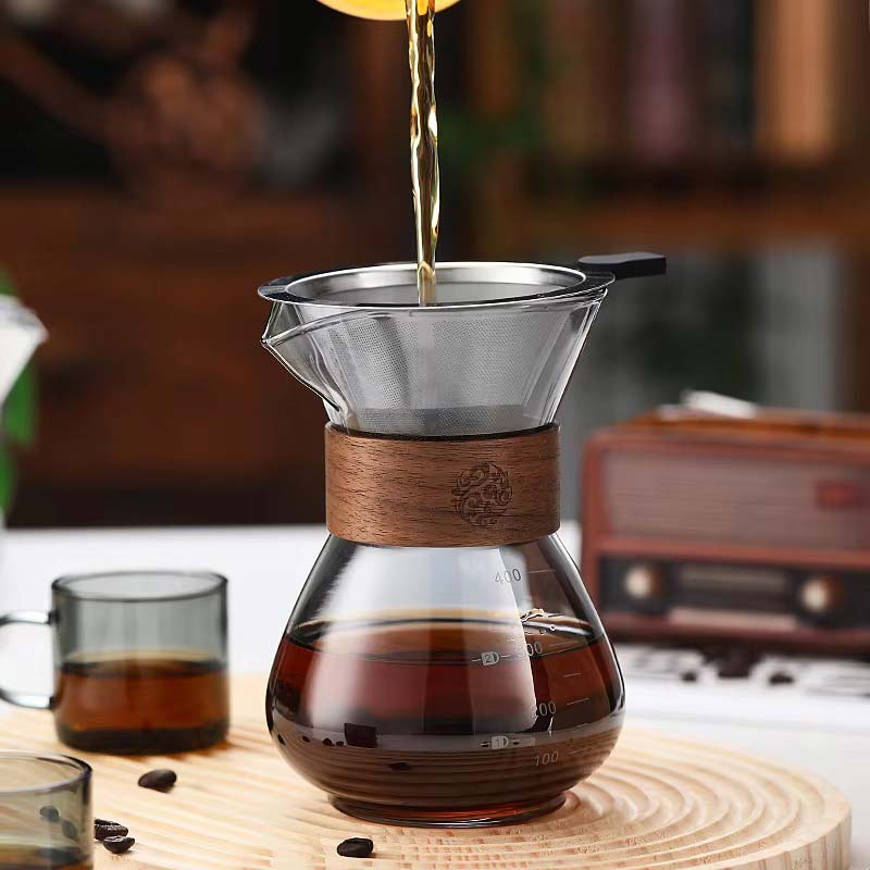 High Borosilicate Glass Hand Brew Coffee Pot – 304 Stainless Steel Filter Sharing Carafe for Home Use, 400ml